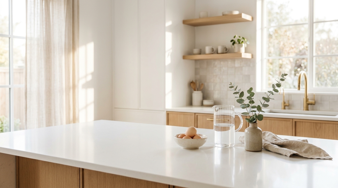 Bright minimal kitchen interior with natural sunlight